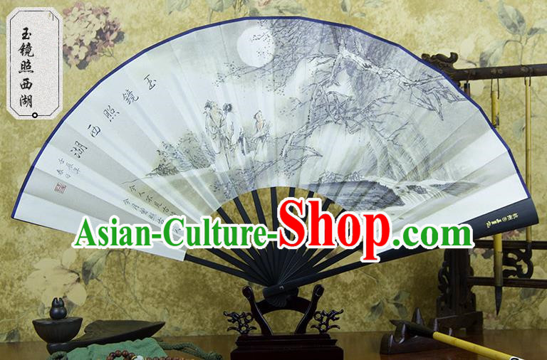 Traditional Chinese Handmade Crafts Ebonize White Folding Fan, China Sensu Painting Hangzhou West Lake View Silk Fan Hanfu Fans for Men