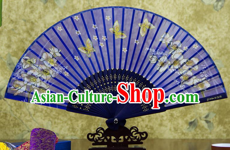 Traditional Chinese Handmade Crafts Folding Fan, China Printing Butterfly Flowers Sensu Blue Silk Fan Hanfu Fans for Women