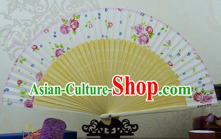 Traditional Chinese Handmade Crafts Folding Fan, China Printing Rose Sensu White Silk Fan Hanfu Fans for Women