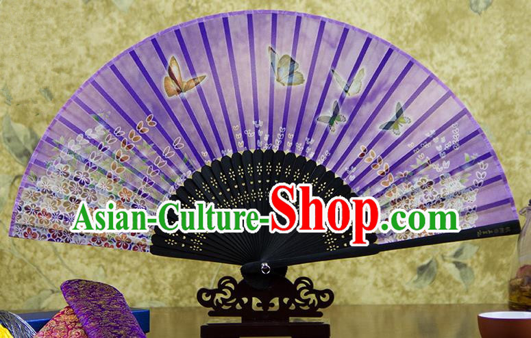 Traditional Chinese Handmade Crafts Folding Fan, China Printing Butterfly Flowers Sensu Purple Silk Fan Hanfu Fans for Women