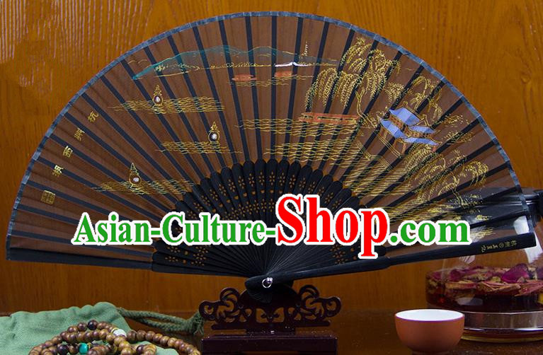 Traditional Chinese Handmade Crafts Folding Fan, China Printing West Lake Scenery Sensu Silk Fan Hanfu Fans for Women