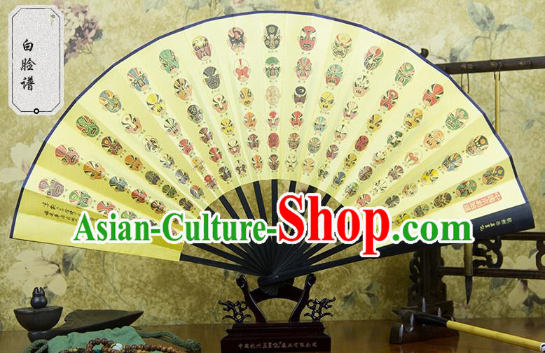 Traditional Chinese Handmade Crafts Ebonize Folding Fan, China Sensu Printing Beijing Opera Facial Masks Silk Fan Hanfu Fans for Men
