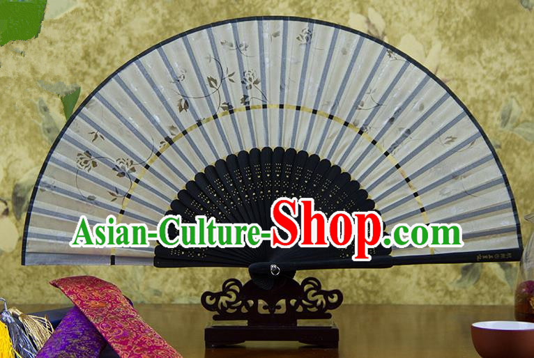 Traditional Chinese Handmade Crafts Two-segment Folding Fan, China Printing Flowers Sensu Grey Silk Fan Hanfu Fans for Women