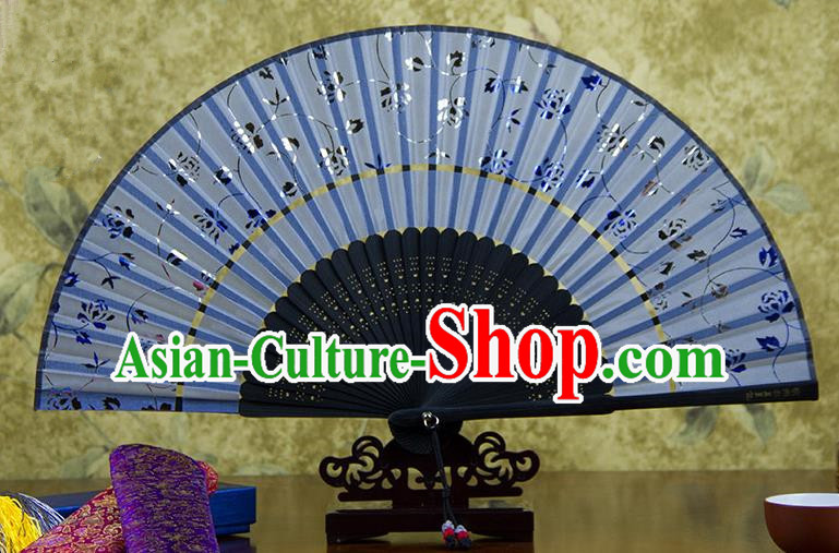 Traditional Chinese Handmade Crafts Two-segment Folding Fan, China Printing Rose Flowers Sensu Blue Silk Fan Hanfu Fans for Women