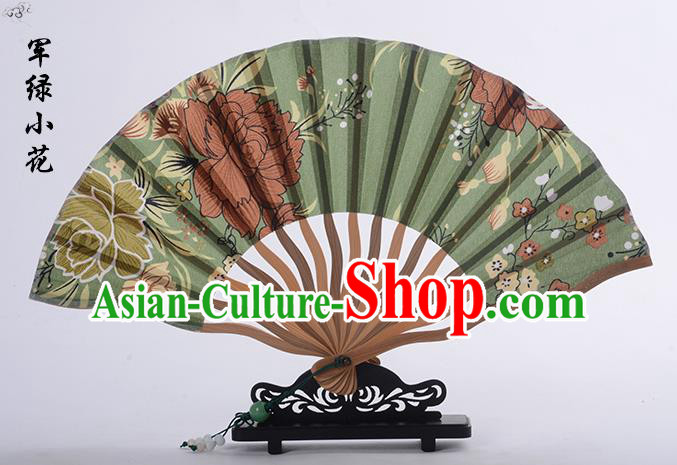 Traditional Chinese Handmade Crafts Folding Fan, China Printing Flower Sensu Green Silk Fan Hanfu Fans for Women