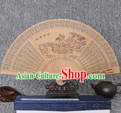 Traditional Chinese Handmade Crafts Sandalwood Folding Fan, China Classical West Lake Spring Scenery Sensu Hollow Out Wood Fan Hanfu Fans for Women