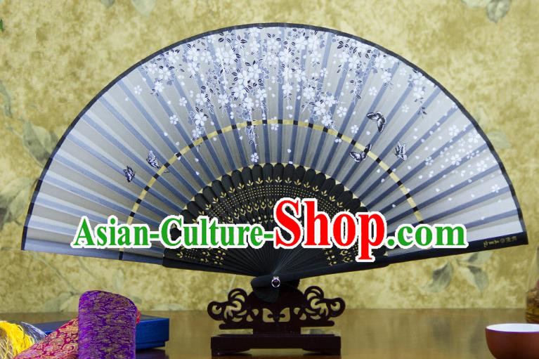 Traditional Chinese Handmade Crafts Two-segment Folding Fan, China Printing Butterfly Sensu Grey Silk Fan Hanfu Fans for Women