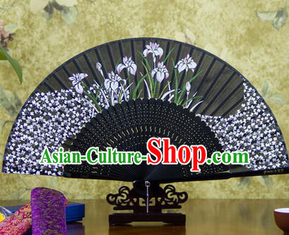 Traditional Chinese Handmade Crafts Bamboo Rib Folding Fan, China Classical Printing Orchid Sensu Black Silk Fan Hanfu Fans for Women