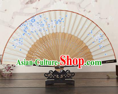 Traditional Chinese Handmade Crafts Bamboo Rib Folding Fan, China Classical Printing Peach Flowers Sensu White Silk Fan Hanfu Fans for Women