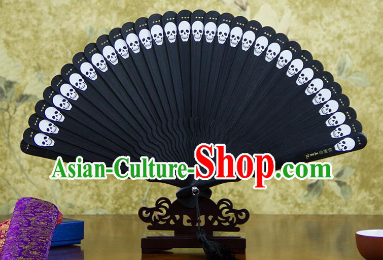 Traditional Chinese Handmade Crafts Bamboo Carving Folding Fan, China Classical Printing Skull Sensu Hollow Out Wood Black Fan Hanfu Fans for Women