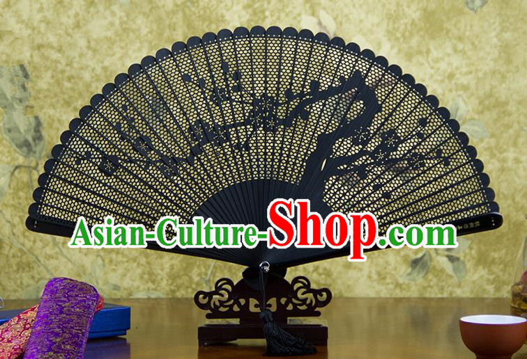 Traditional Chinese Handmade Crafts Bamboo Carving Folding Fan, China Classical Plum Blossom Sensu Hollow Out Wood Black Fan Hanfu Fans for Women