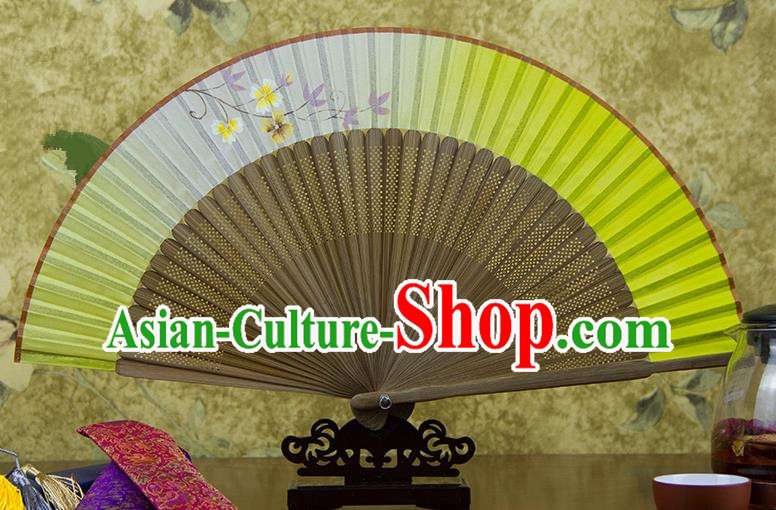 Traditional Chinese Handmade Crafts Hand Painting Flowers Folding Fan, China Classical Light Yellow Sensu Silk Fan Hanfu Fans for Women