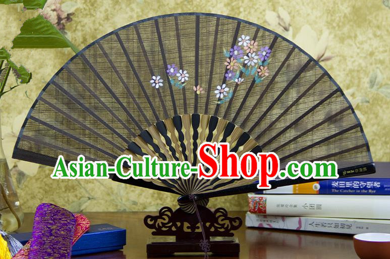 Traditional Chinese Handmade Crafts Printing Flower Folding Fan, China Classical Linen Sensu Coffee Fan Hanfu Fans for Women