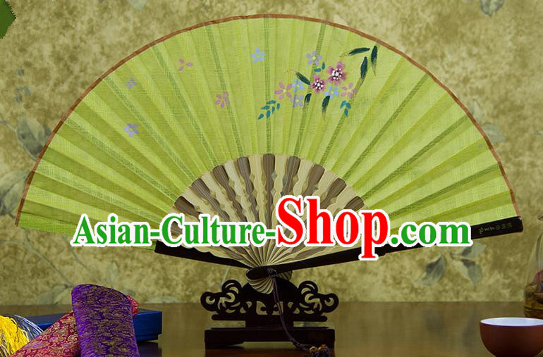 Traditional Chinese Handmade Crafts Printing Flower Folding Fan, China Classical Linen Sensu Bright Yellow Fan Hanfu Fans for Women