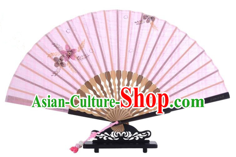 Traditional Chinese Handmade Crafts Printing Flower Folding Fan, China Classical Linen Sensu Pink Fan Hanfu Fans for Women