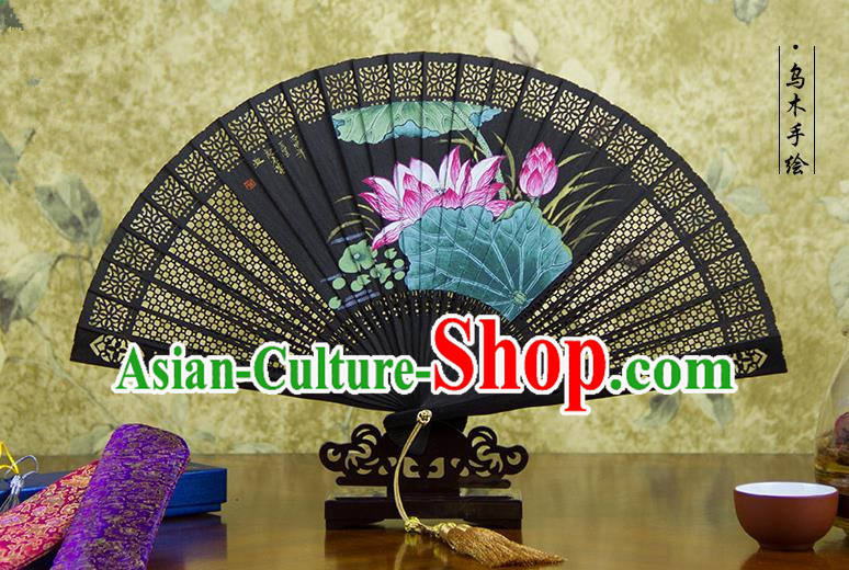 Traditional Chinese Handmade Crafts Ebomy Folding Fan, China Classical Hand Painting Lotus Sensu Hollow Out Fan Hanfu Fans for Women