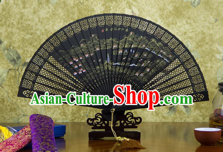 Traditional Chinese Handmade Crafts Ebomy Folding Fan, China Classical Hand Painting West Lake Full Scenery Sensu Hollow Out Fan Hanfu Fans for Women