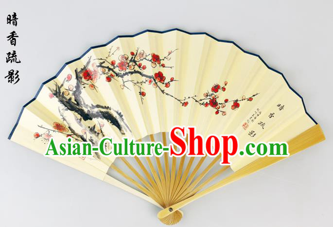 Traditional Chinese Handmade Crafts Pure Silk Folding Fan, China Classical Sensu Ink Painting Wintersweet Fan Hanfu Fans for Men