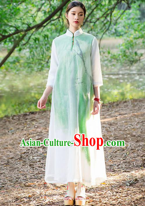 Traditional Chinese Costume Elegant Hanfu Printing Silk Dress, China Tang Suit Plated Buttons Cheongsam Green Qipao Dress Clothing for Women