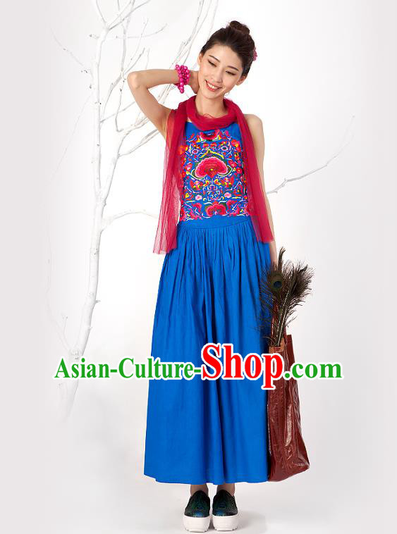 Traditional Chinese Costume Elegant Hanfu Embroidered Flowers Slip Dress, China Tang Suit Blue Camisole Dress Clothing for Women