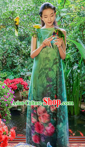 Traditional Chinese Costume Elegant Hanfu 3D Painting Flowers Green Dress, China Tang Suit Cheongsam Upper Outer Garment Qipao Dress Clothing for Women