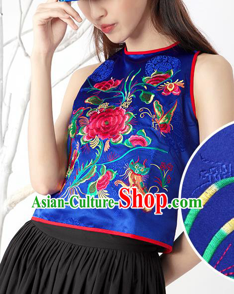 Traditional Ancient Chinese National Costume, Elegant Hanfu Bellyband Shirt, China Tang Suit Embroidery Undergarment Blouse Blue Camisole Shirts Clothing for Women