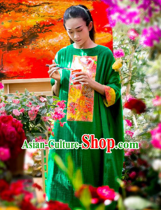 Traditional Chinese Costume Elegant Hanfu Embroidered Flowers Linen Dress, China Tang Suit Cheongsam Upper Outer Garment Qipao Green Dress Clothing for Women