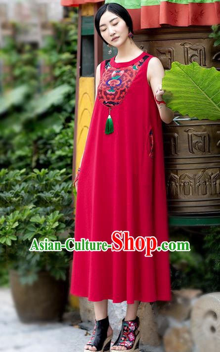 Traditional Chinese Costume Elegant Hanfu Printing Flowers Red Dress, China Tang Suit Cheongsam Linen Qipao Dress Clothing for Women