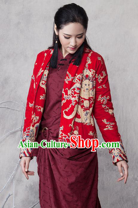 Traditional Chinese Costume Elegant Hanfu Embroidered Dragon Short Coat, China Tang Suit Red Jacket Clothing for Women