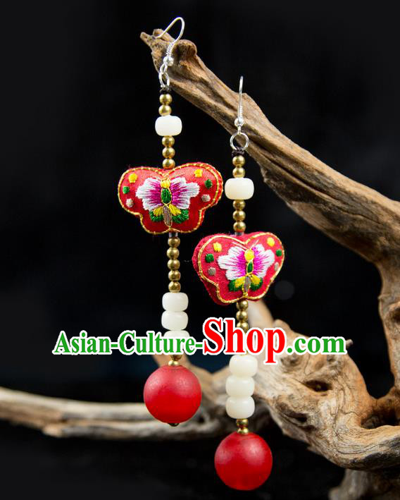 Traditional Chinese Accessories National Embroidery Earrings, China Beads Tassel Red Eardrop for Women