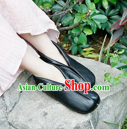 Traditional Chinese Shoes Embroidered Shoes Black Cow Leather Hanfu Shoes Monk Shoes Kung fu Shoes for Women