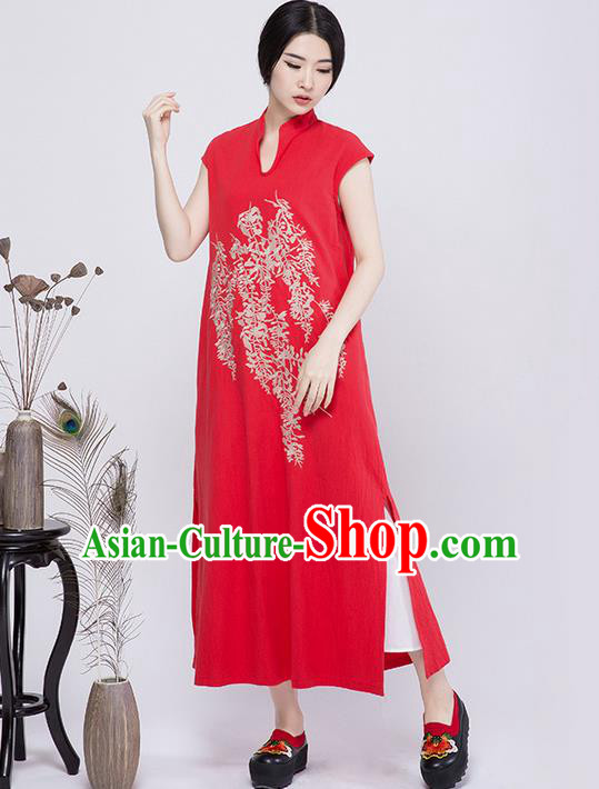 Traditional Chinese Costume Elegant Hanfu Embroidered Dress, China Tang Suit Cheongsam Red Qipao Dress Clothing for Women