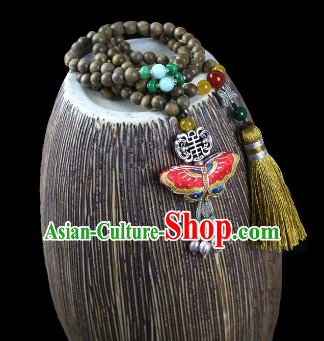 Traditional Chinese Accessories National Embroidered Necklace, China Sandalwood Beads Tassel Necklet for Women