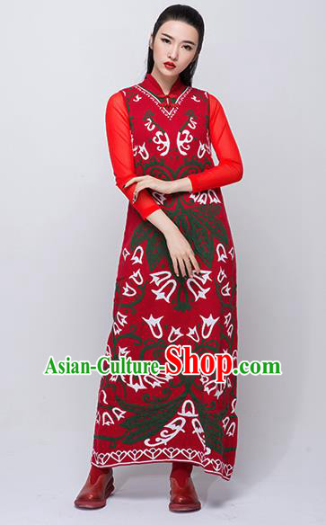 Traditional Chinese Costume Elegant Hanfu Woolen Dress, China Tang Suit Plated Buttons Red Cheongsam Qipao Dress Clothing for Women