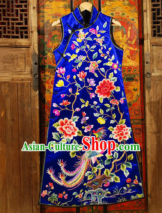 Traditional Chinese Costume Elegant Hanfu Embroidery Peony Phoenix Dress, China Tang Suit Plated Buttons Blue Cheongsam Silk Qipao Dress Clothing for Women