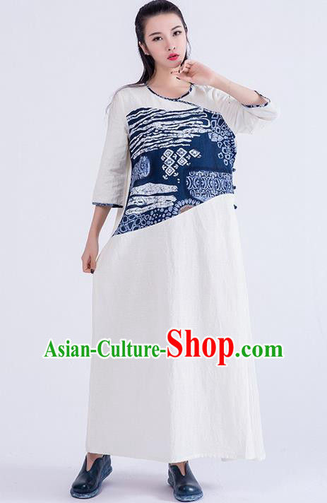 Traditional Chinese Costume Elegant Hanfu Printing Dress, China Tang Suit Linen Qipao Dress Clothing for Women