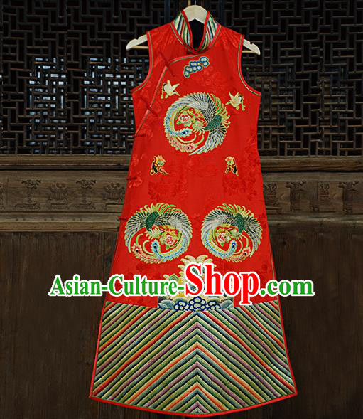 Traditional Chinese Costume Elegant Hanfu Printing Embroidery Phoenix Dress, China Tang Suit Plated Buttons Red Cheongsam Satin Qipao Dress Clothing for Women