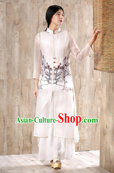 Traditional Chinese Costume Elegant Hanfu Printing Plum Blossom Cardigan, China Tang Suit Plated Buttons Silk Coat Clothing for Women
