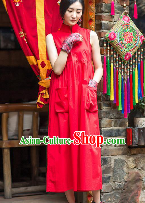 Traditional Chinese Costume Elegant Hanfu Dress, China Tang Suit Plated Buttons Cheongsam Red Qipao Dress Clothing for Women
