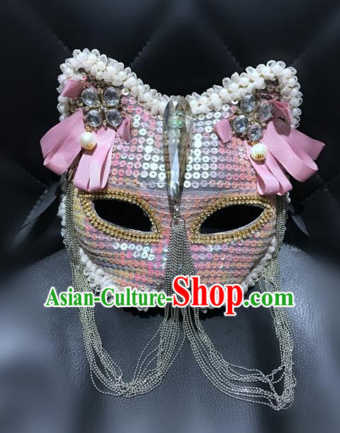 Top Grade Halloween Masquerade Accessories Crystal Mask, Brazilian Carnival Pink Cat Mask for Women