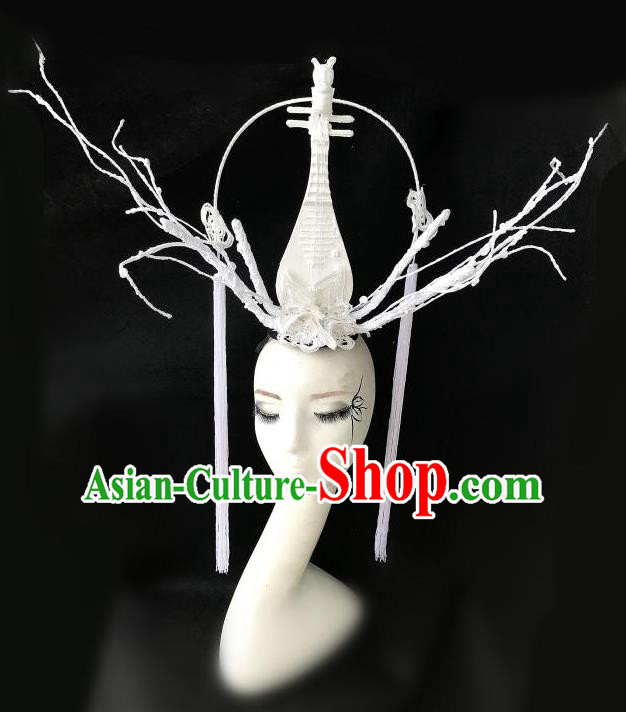 Top Grade Chinese Traditional Halloween Hair Accessories, China Style Cosplay White Lute Headwear Catwalks Headpiece for Women