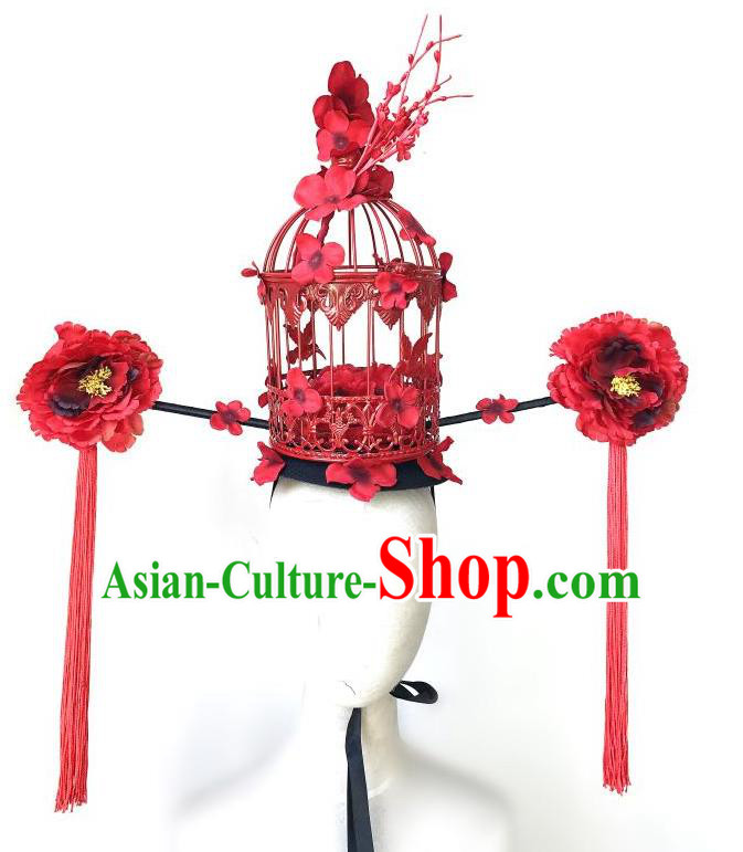Top Grade Chinese Traditional Halloween Red Peony Hair Accessories, China Style Cosplay Birdcage Headwear Catwalks Headpiece for Women