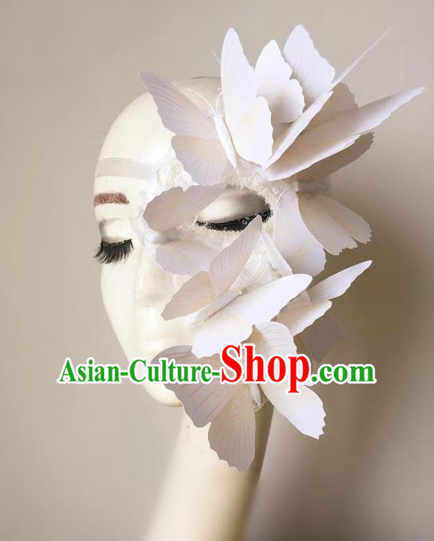 Top Grade Halloween Masquerade Ceremonial Occasions Handmade Model Show White Butterfly Mask Headwear, Brazilian Carnival Half Mask for Women