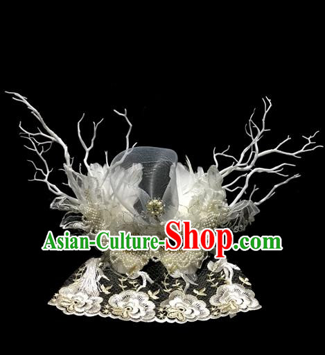 Top Grade Chinese Theatrical Luxury Headdress Ornamental White Beads Mask, Halloween Fancy Ball Ceremonial Occasions Handmade Veil Headpiece for Men