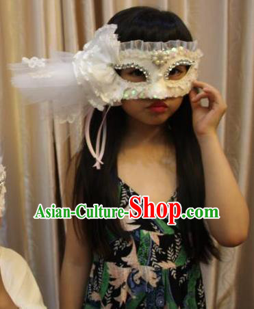 Top Grade Chinese Theatrical Luxury Headdress Ornamental White Veil Mask, Halloween Fancy Ball Ceremonial Occasions Handmade Flower Face Mask for Women