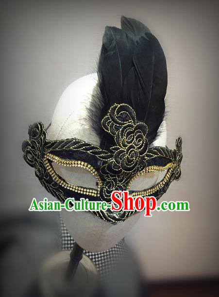 Top Grade Chinese Theatrical Luxury Headdress Ornamental Feather Mask, Halloween Fancy Ball Ceremonial Occasions Handmade Black Face Mask for Men