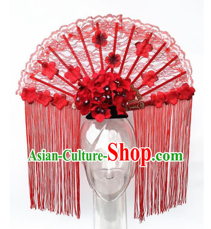 Top Grade Chinese Asian Headpiece Headpieces Model Show Red Tassel Headdress, Ceremonial Occasions Handmade Traditional Ornamental Flowers Floral Headdress for Women