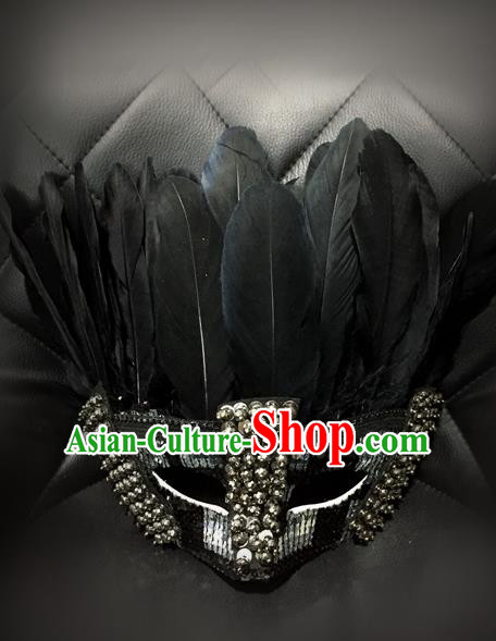 Top Grade Chinese Theatrical Luxury Headdress Ornamental Feather Mask, Halloween Fancy Ball Ceremonial Occasions Handmade Jazz Dance Face Mask for Men