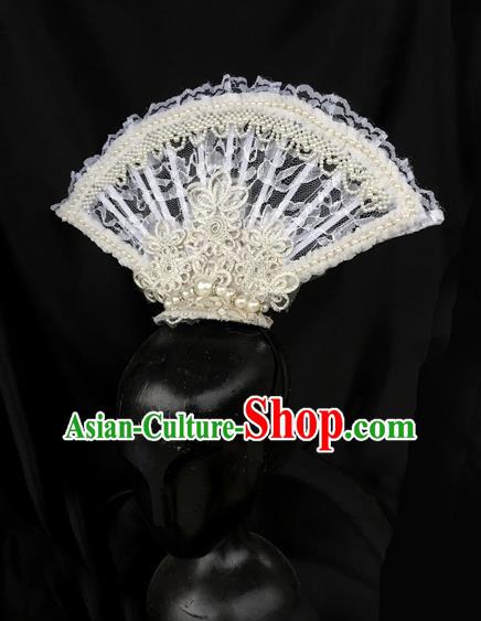 Top Grade Chinese Theatrical Luxury Headdress Ornamental White Lace Hair Clasp, Halloween Fancy Ball Asian Headpiece Headpieces Model Show Headwear for Women