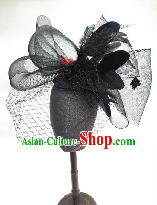 Top Grade Chinese Theatrical Luxury Headdress Ornamental Black Bowknot Hair Accessories, Halloween Fancy Ball Asian Headpieces Model Show Mask Veil Headwear for Women